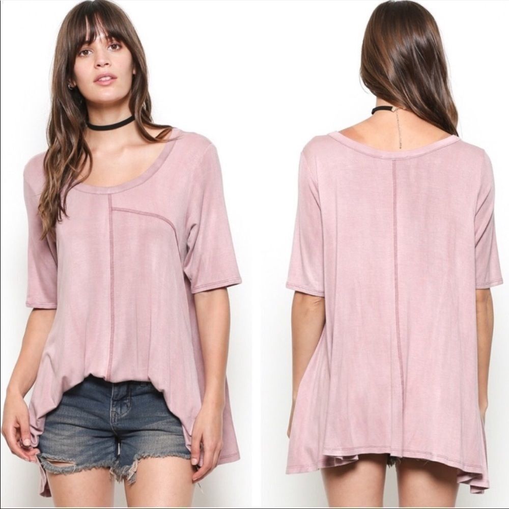 Kye Mi Oversized Short Sleeve Top Size Small Pink Color NWT Asymmetrical Hem